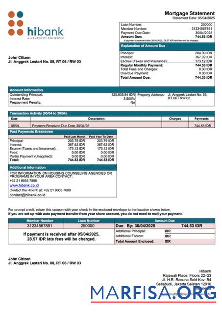 Blank Indonesia Hibank mortgage statement Word and PDF template